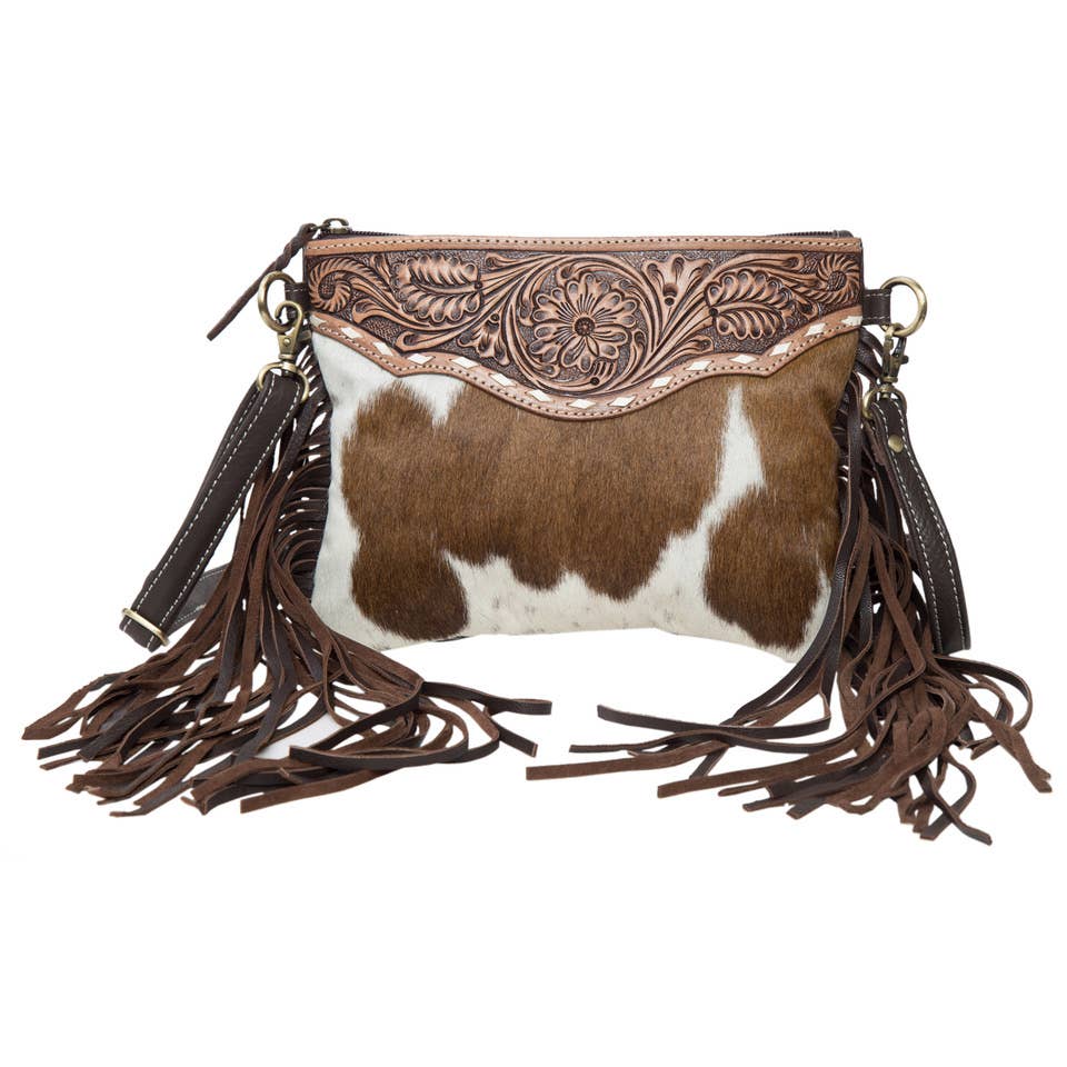 Tooling Leather Cowhide Clutch Bag with Fringes - AB70