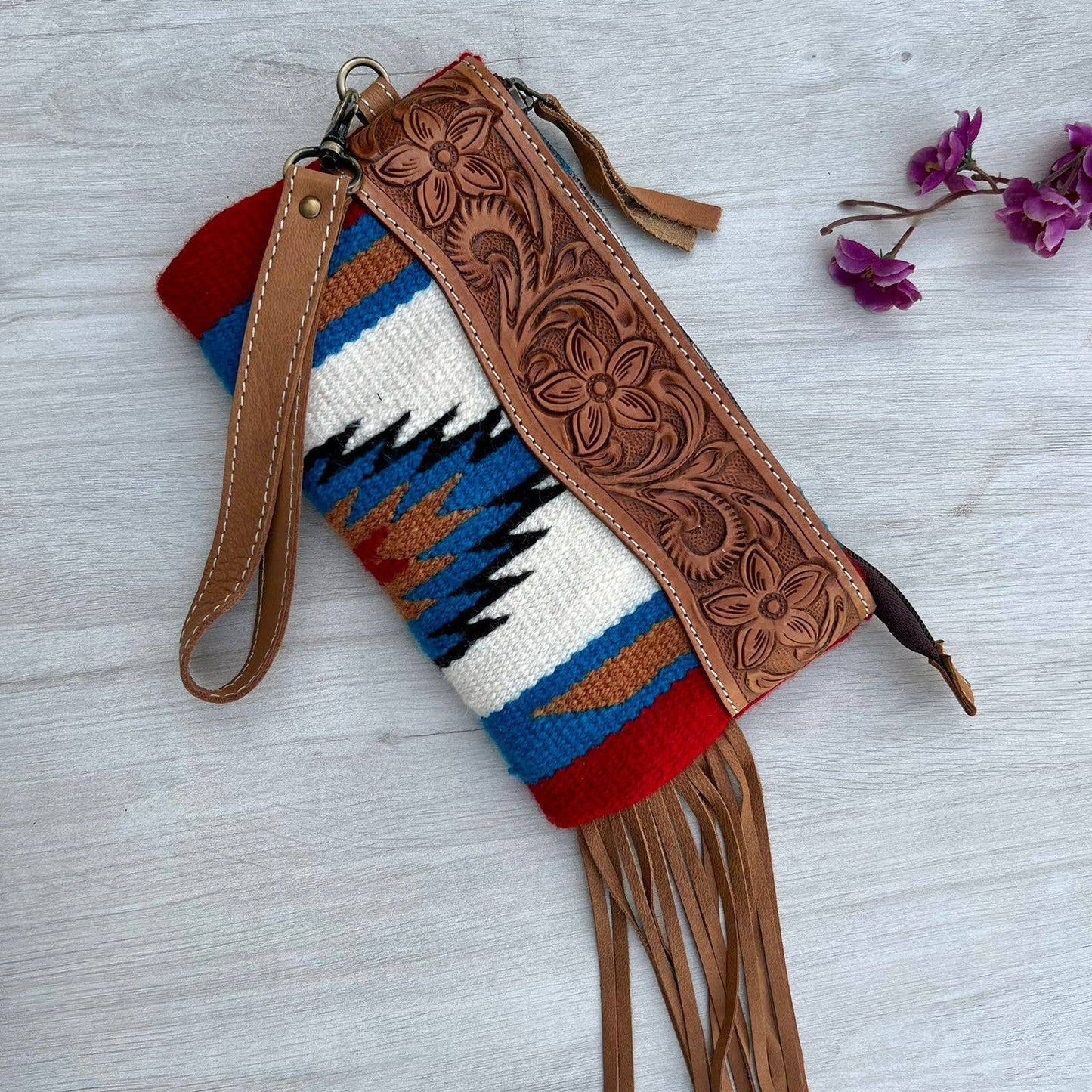 White Saddle Blanket Tassel Clutch with Tooled Leather