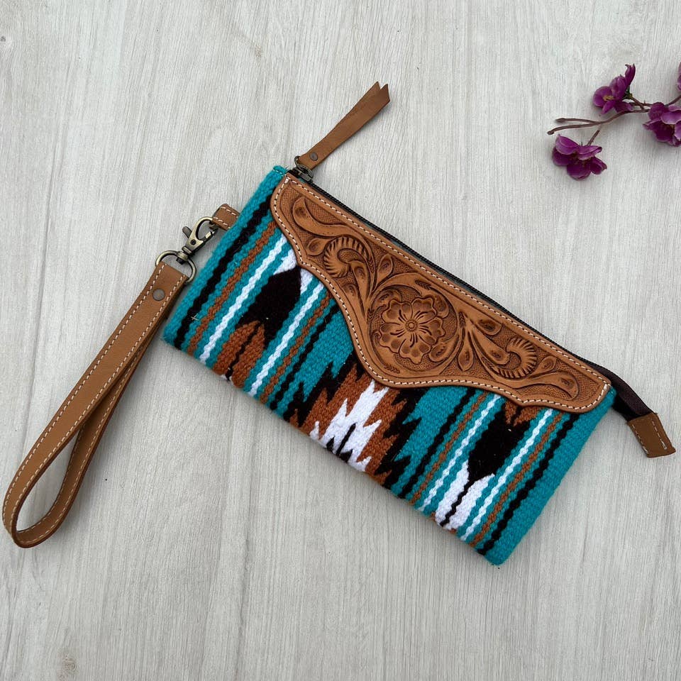 Turq Saddle Blanket Clutch with Tooled Leather - TSB41D